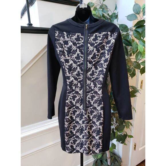 Club Monaco Shift Dress Women's 4 Black Floral Back Zip Long Sleeve Crew Neck - Picture 4 of 10